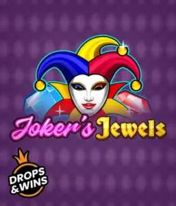 Discover the playful ambiance of the Joker's Jewels game by Pragmatic Play, showcasing a mesmerizing joker's mask embellished with a multicolored jester hat. This image evokes the light-hearted fun of casino gaming, set against a deep purple background. Perfect for those who love classic slot games, delivering a entertaining play experience. 